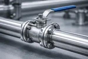 Válvula de esfera industrial em aço inox para controle de fluxo em tubulação pressurizada