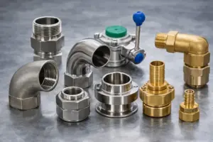 Conexões industriais em aço inox e latão com válvula e peças metálicas para sistemas de tubulação