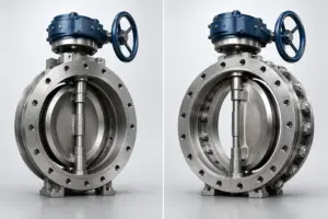 Comparação entre válvula borboleta bi excêntrica e válvula borboleta tri excêntrica flangeadas em aço, utilizadas em tubulações industriais para controle e bloqueio de fluxo em aplicações de média e alta severidade.