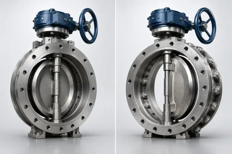 Comparação entre válvula borboleta bi excêntrica e válvula borboleta tri excêntrica flangeadas em aço, utilizadas em tubulações industriais para controle e bloqueio de fluxo em aplicações de média e alta severidade.