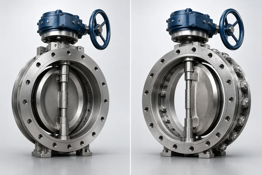 Comparação entre válvula borboleta bi excêntrica e válvula borboleta tri excêntrica flangeadas em aço, utilizadas em tubulações industriais para controle e bloqueio de fluxo em aplicações de média e alta severidade.