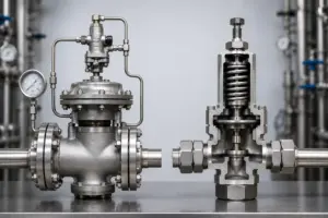 Comparação entre válvula redutora de pressão pilotada e válvula redutora de pressão de ação direta em tubulação industrial, destacando seus mecanismos de controle para regulagem da pressão em sistemas de vapor, água e ar comprimido.