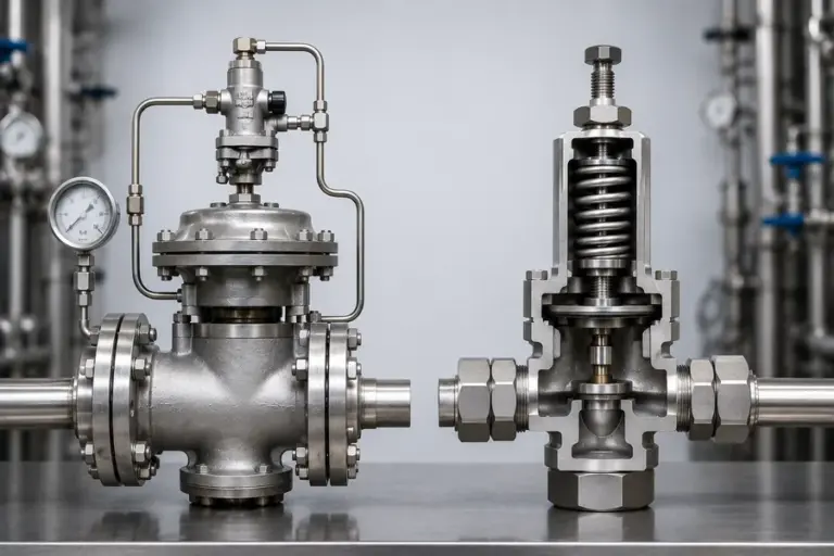 Comparação entre válvula redutora de pressão pilotada e válvula redutora de pressão de ação direta em tubulação industrial, destacando seus mecanismos de controle para regulagem da pressão em sistemas de vapor, água e ar comprimido.