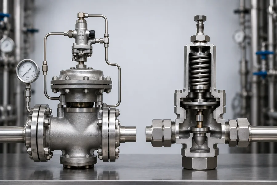 Comparação entre válvula redutora de pressão pilotada e válvula redutora de pressão de ação direta em tubulação industrial, destacando seus mecanismos de controle para regulagem da pressão em sistemas de vapor, água e ar comprimido.