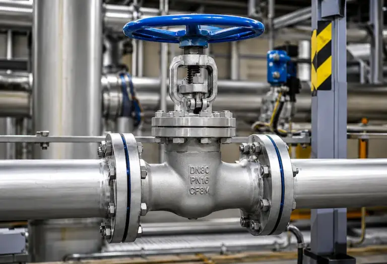 Válvula de bloqueio industrial instalada em tubulação metálica para controle do fluxo de fluidos.