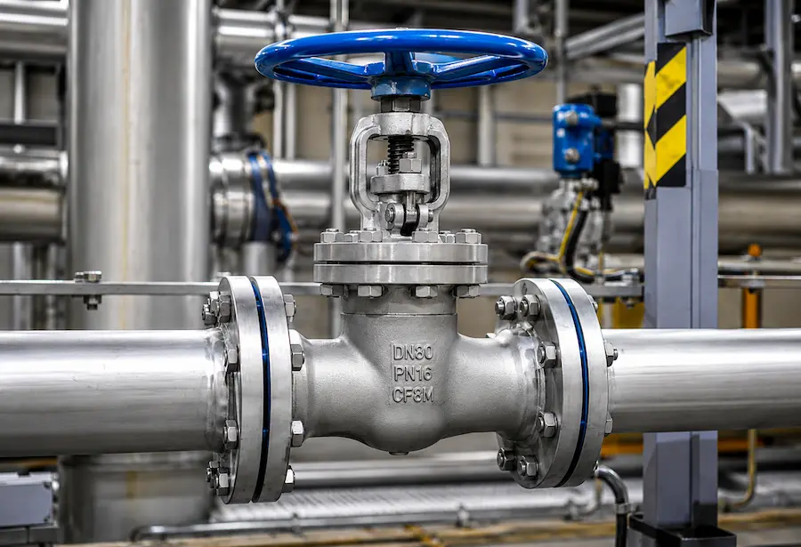 Válvula de bloqueio industrial instalada em tubulação metálica para controle do fluxo de fluidos.