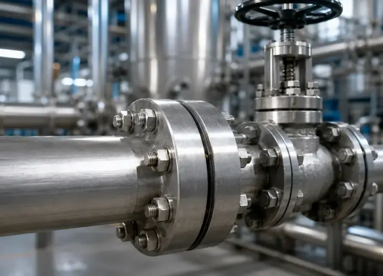 Conexão flangeada em tubulação industrial, com flanges, parafusos e válvula de controle em uma instalação fabril.