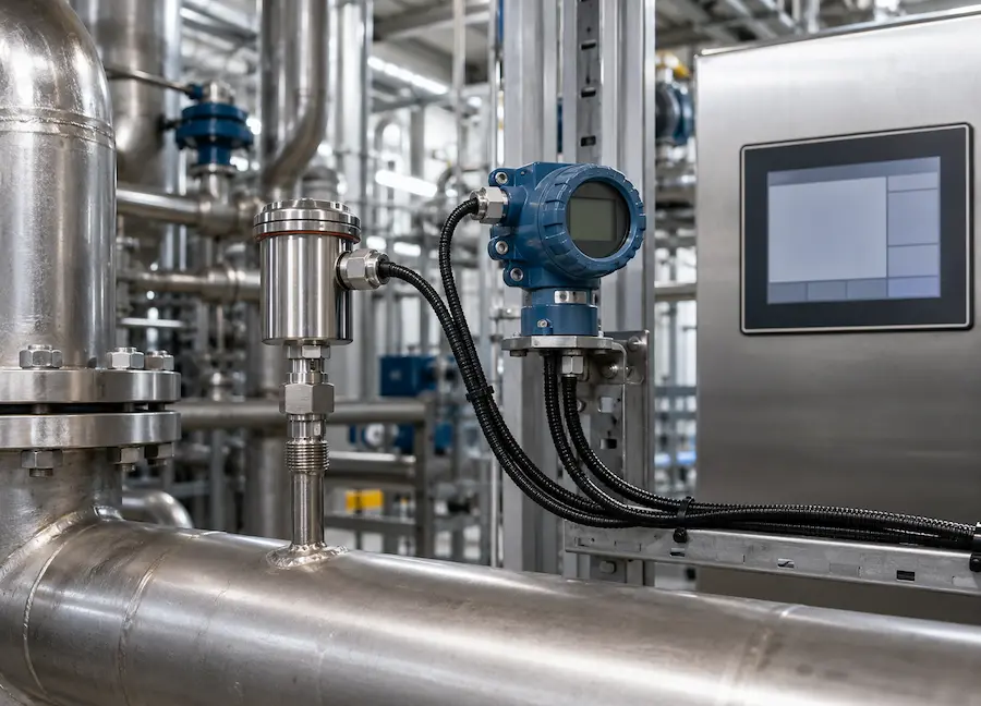 Transmissor de temperatura instalado em uma tubulação industrial e conectado a um painel de controle.