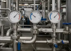 Três manômetros instalados em tubulações industriais de aço inoxidável para monitoramento de pressão no sistema.