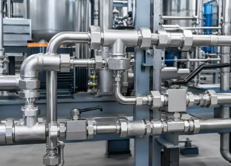 Conexões hidráulicas industriais em aço instaladas em uma rede de tubulações, com válvulas e uniões para condução e controle de fluidos.