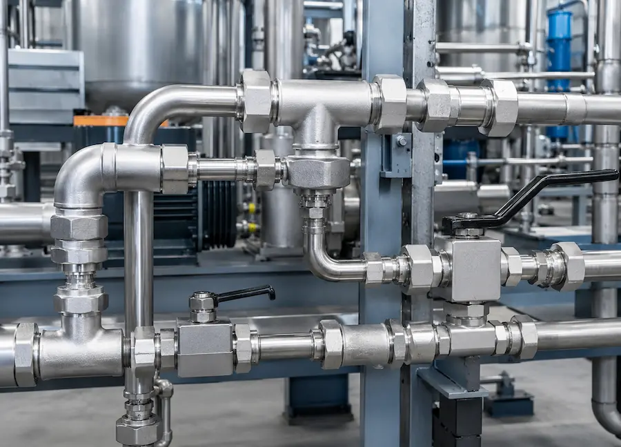 Conexões hidráulicas industriais em aço instaladas em uma rede de tubulações, com válvulas e uniões para condução e controle de fluidos.