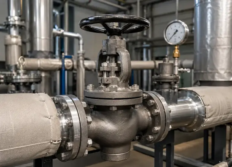 Válvula globo industrial flangeada instalada em tubulação de vapor, com isolamento térmico e manômetro para monitoramento da pressão.