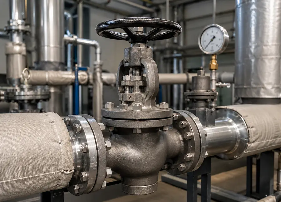Válvula globo industrial flangeada instalada em tubulação de vapor, com isolamento térmico e manômetro para monitoramento da pressão.